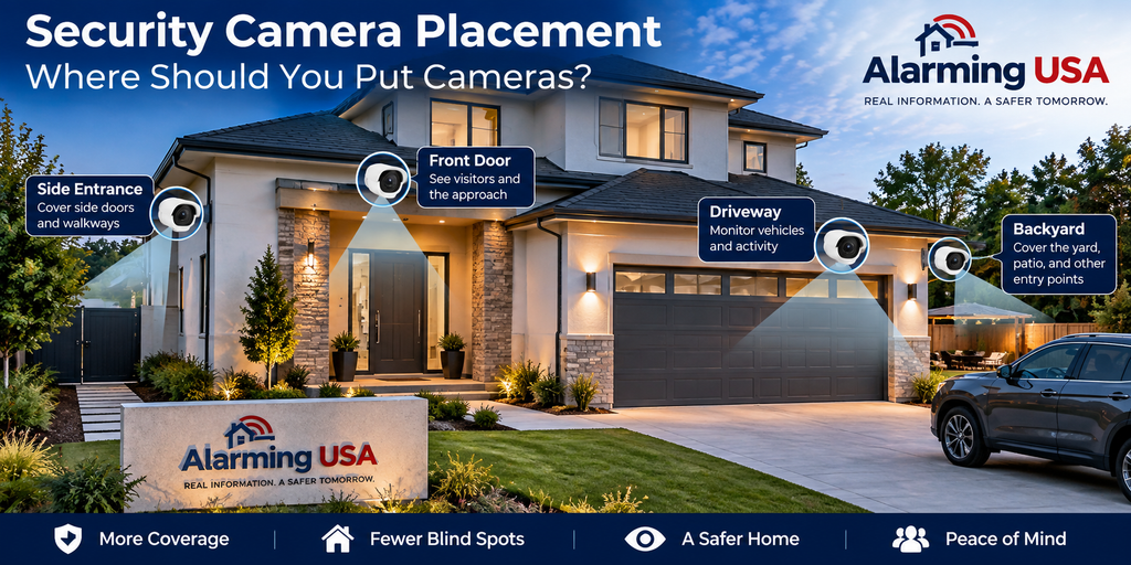 Security camera placement around a home showing recommended camera locations