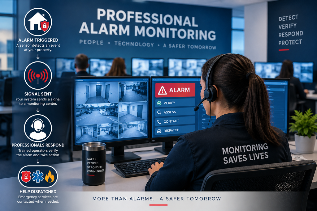 Professional alarm monitoring center responding to a security alarm
