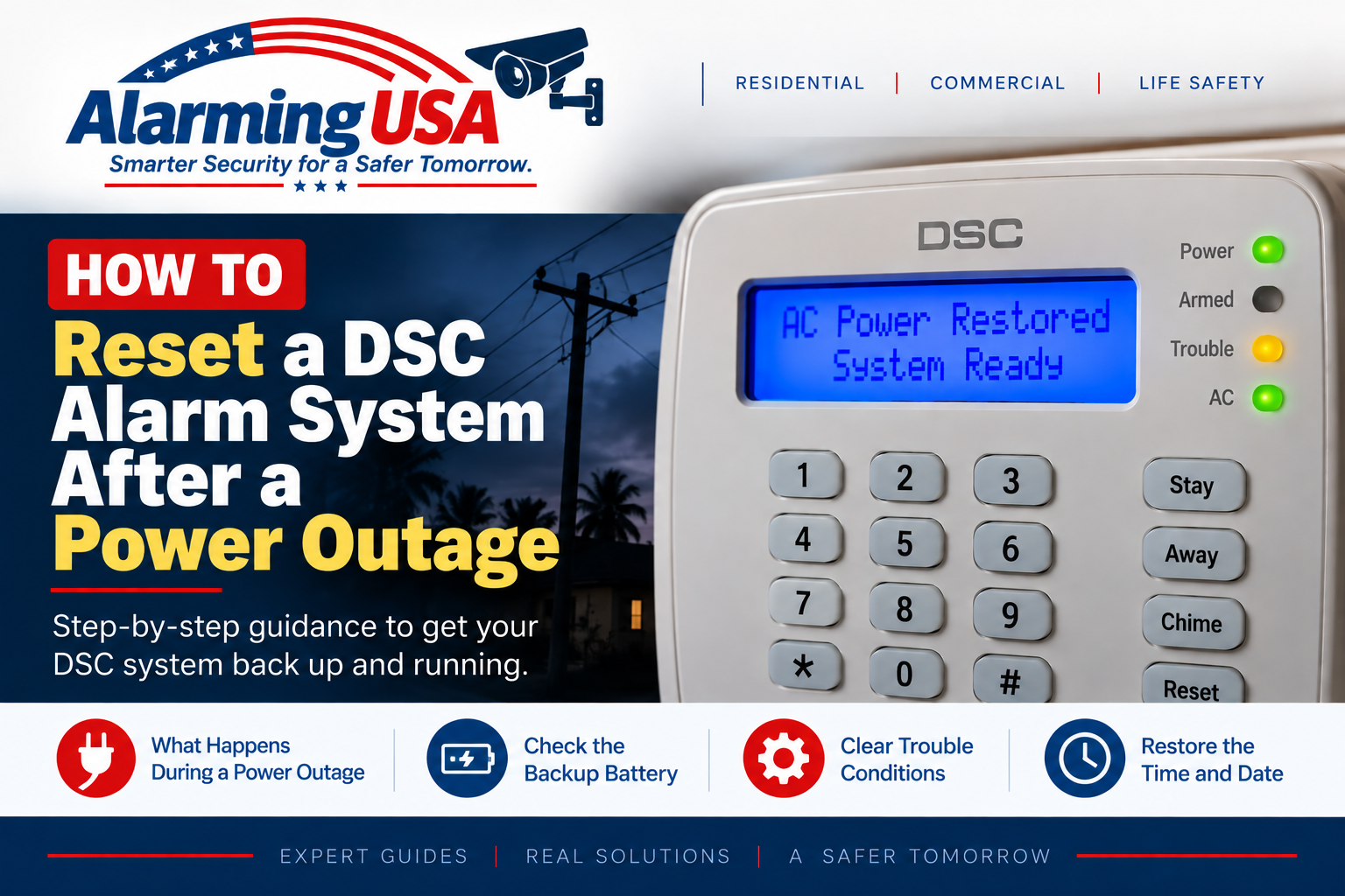 How to reset a DSC alarm system after a power outage