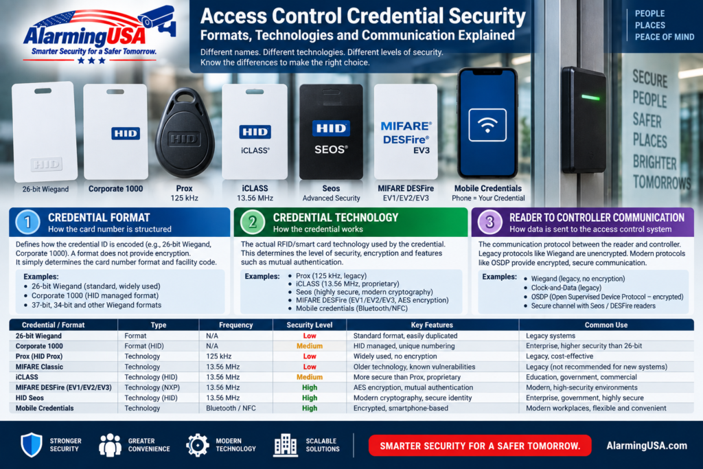 Access control credential security comparison of 26-bit, Corporate 1000, Prox, iCLASS, Seos and MIFARE