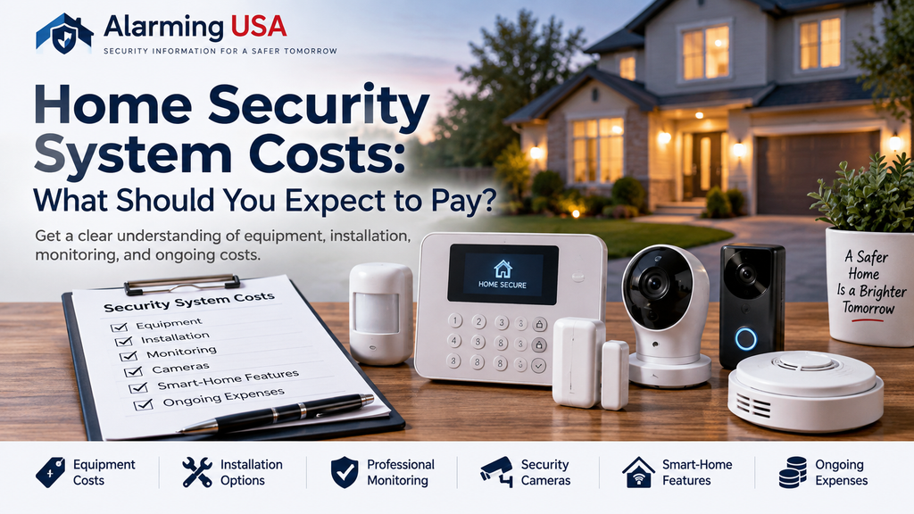Home security system cost including equipment, cameras, monitoring, and installation