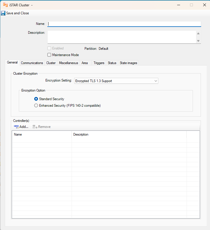 C•CURE 9000 iSTAR Cluster General tab showing cluster name, encryption settings, and controller section