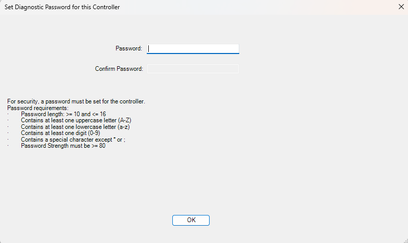 C•CURE 9000 Set Diagnostic Password window showing controller password requirements