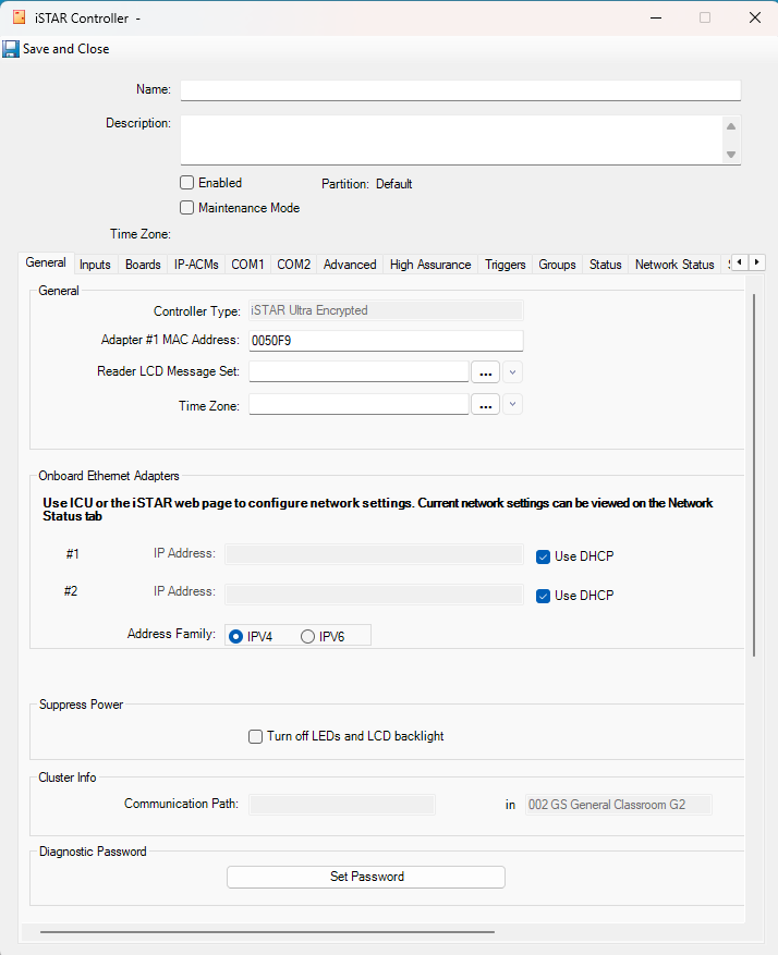 C•CURE 9000 iSTAR Controller General tab showing controller type, MAC address, network settings, time zone, cluster information, and diagnostic password