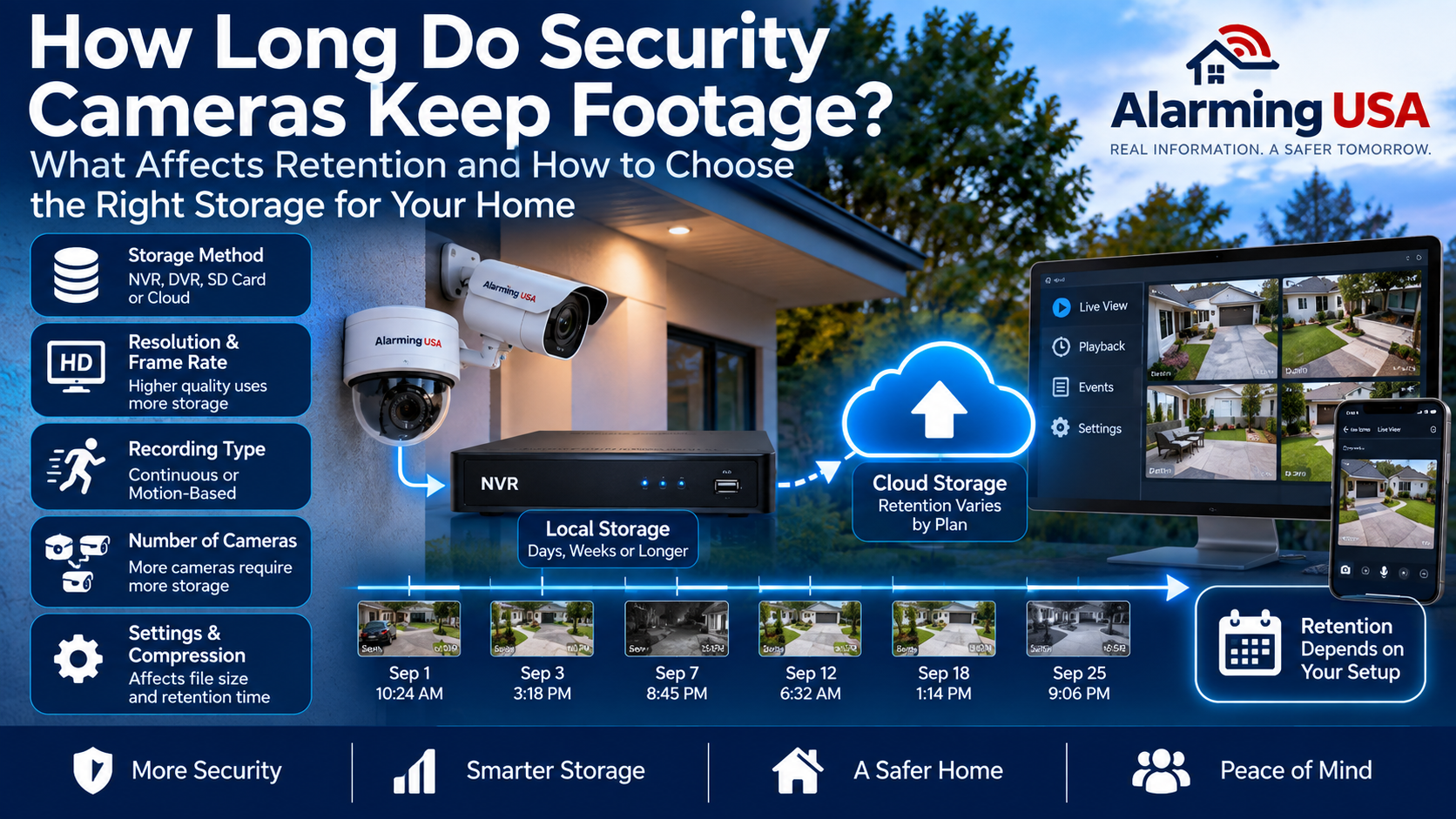How long do security cameras keep footage showing local NVR storage, cloud storage and video retention