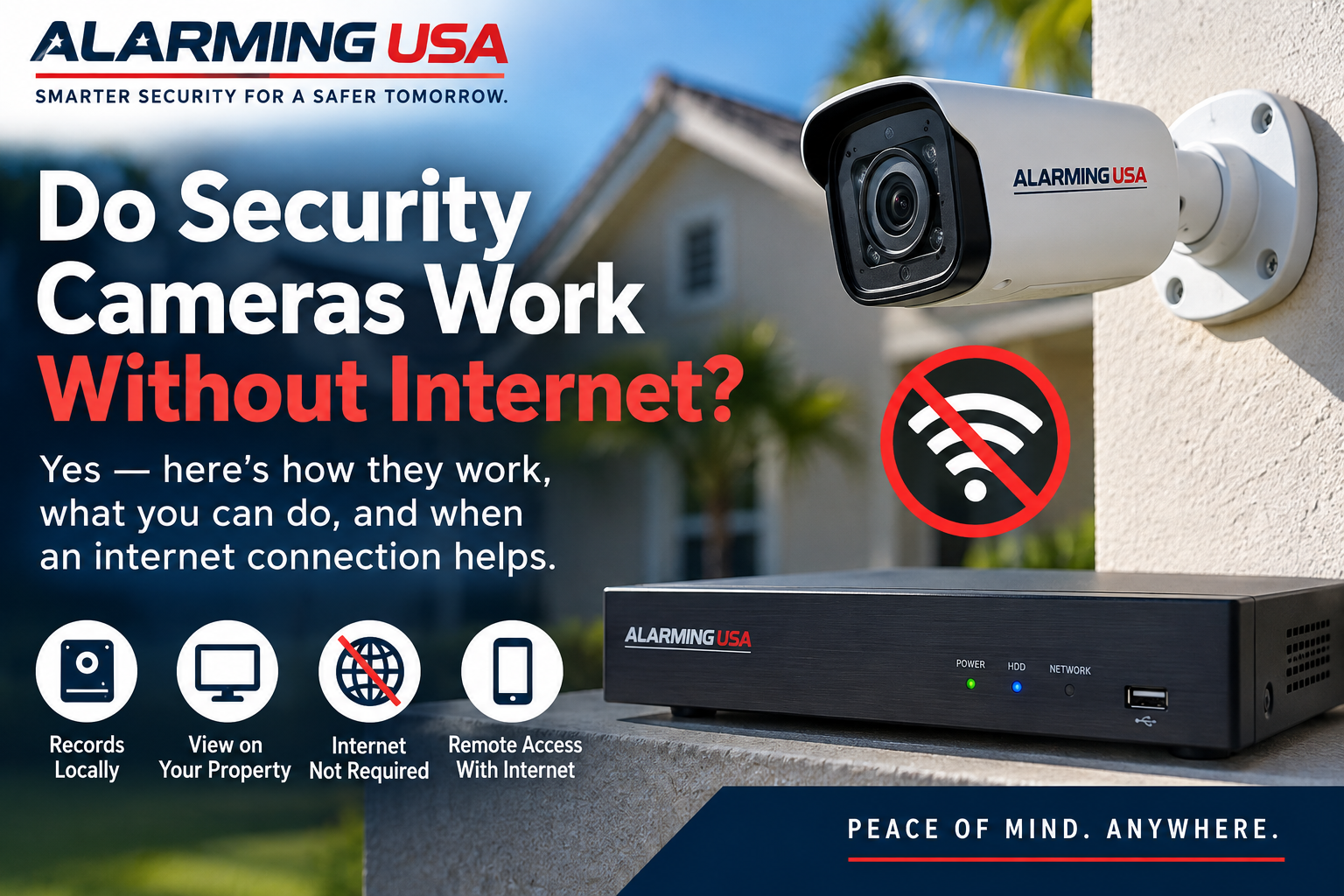 Do security cameras work without internet showing a security camera and local video recorder