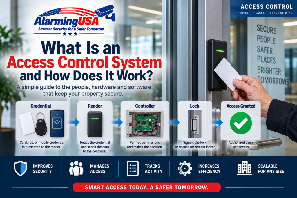 Access control system showing card reader, electronic door lock, controller, and credential