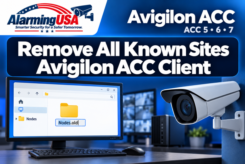 Alarming USA illustration showing the Nodes folder renamed to Nodes.old to remove all known sites from Avigilon ACC Client.
